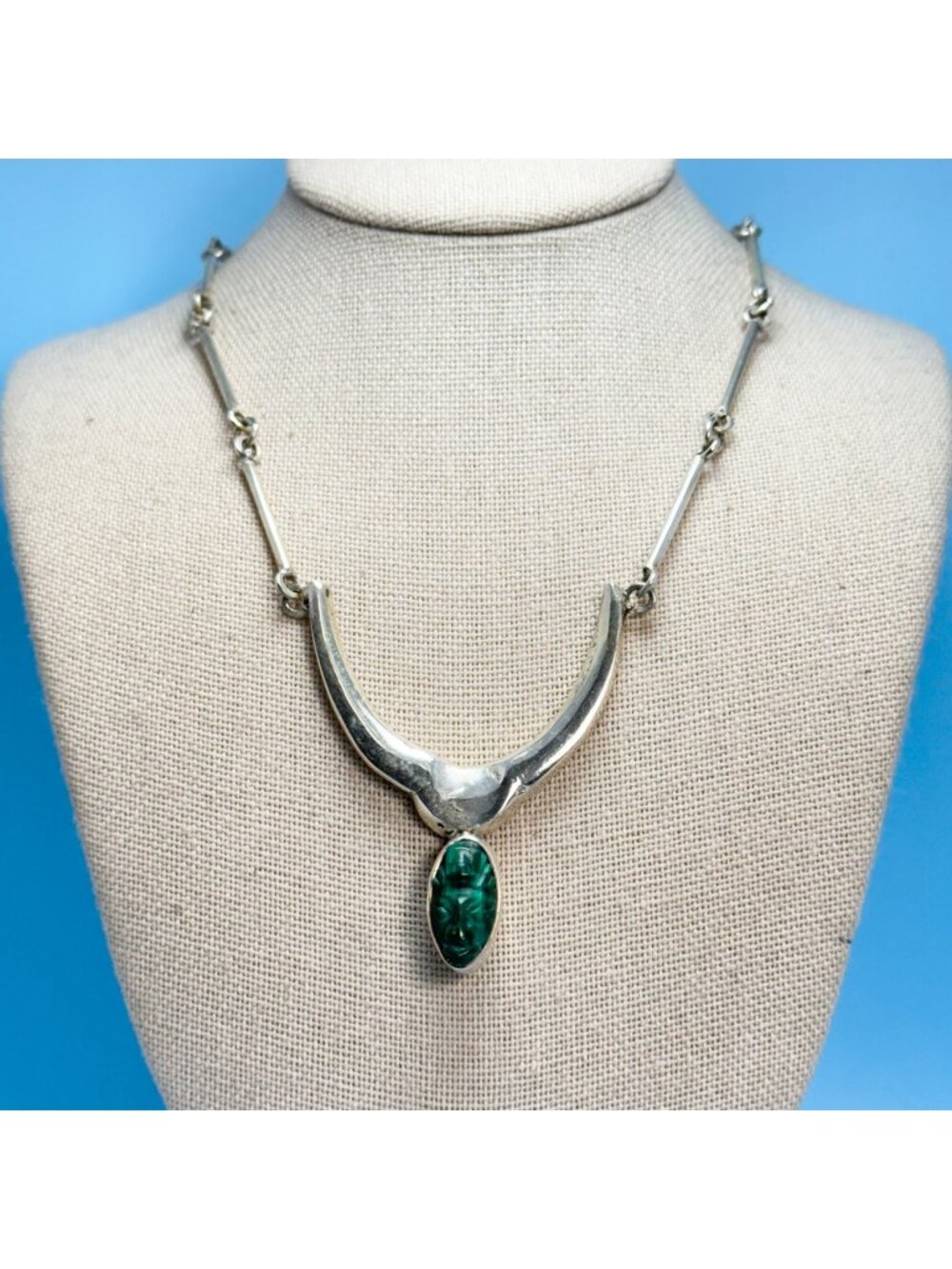 Carved Malachite Aztec Mask Gemstone Necklace 925 Sterling Silver 17.5'' Length